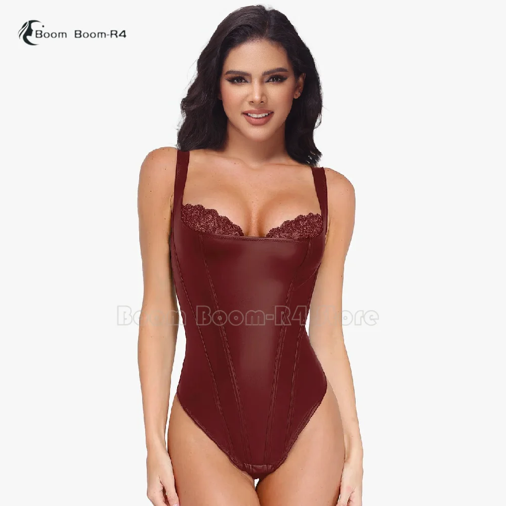 

Woman Leather Fajas Classic Shapewear Streetwear Chic Bodycon Thongs Bodysuit Hourglass Waist Jumpsuit with Bra High Quality