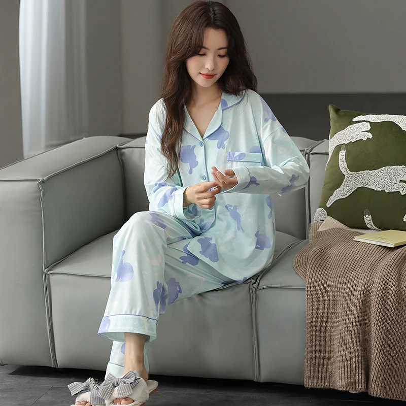 Lovely cartoon pajamas for young girls cardigan homewear fashion modal cotton long sleeve tops long pants pyjamas female M-4XL