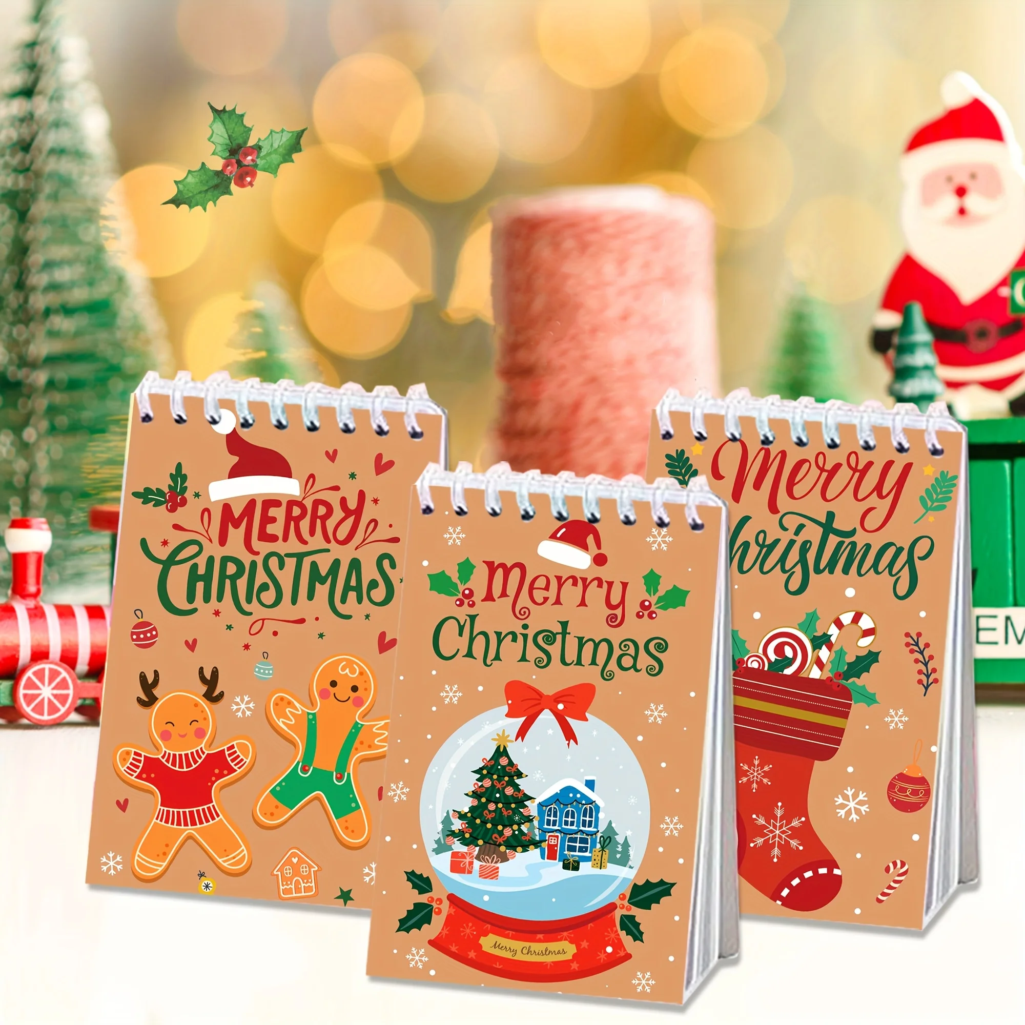 16Weihnachtsthema-Set, 8 einziehbarer Weihnachtsstift + 8 dieses Weihnachts-Spiral-Notizbuch aus Leder, Feiertags-Schreibstift, Weihnachtsbaum San – Detail 2