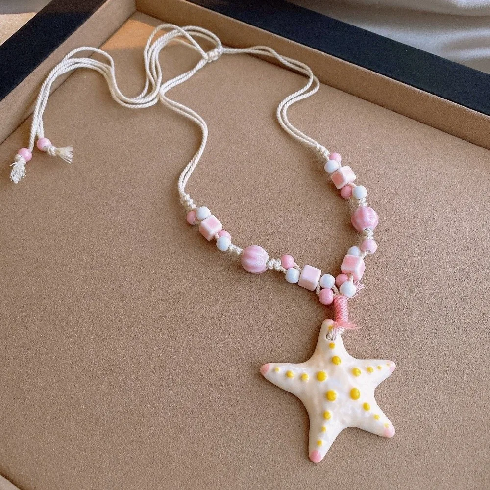 Ceramic Pendant Necklaces Adjustable Seaside Vacation Long Chain Necklace Starfish Beaded Women Pendant Rope Necklace