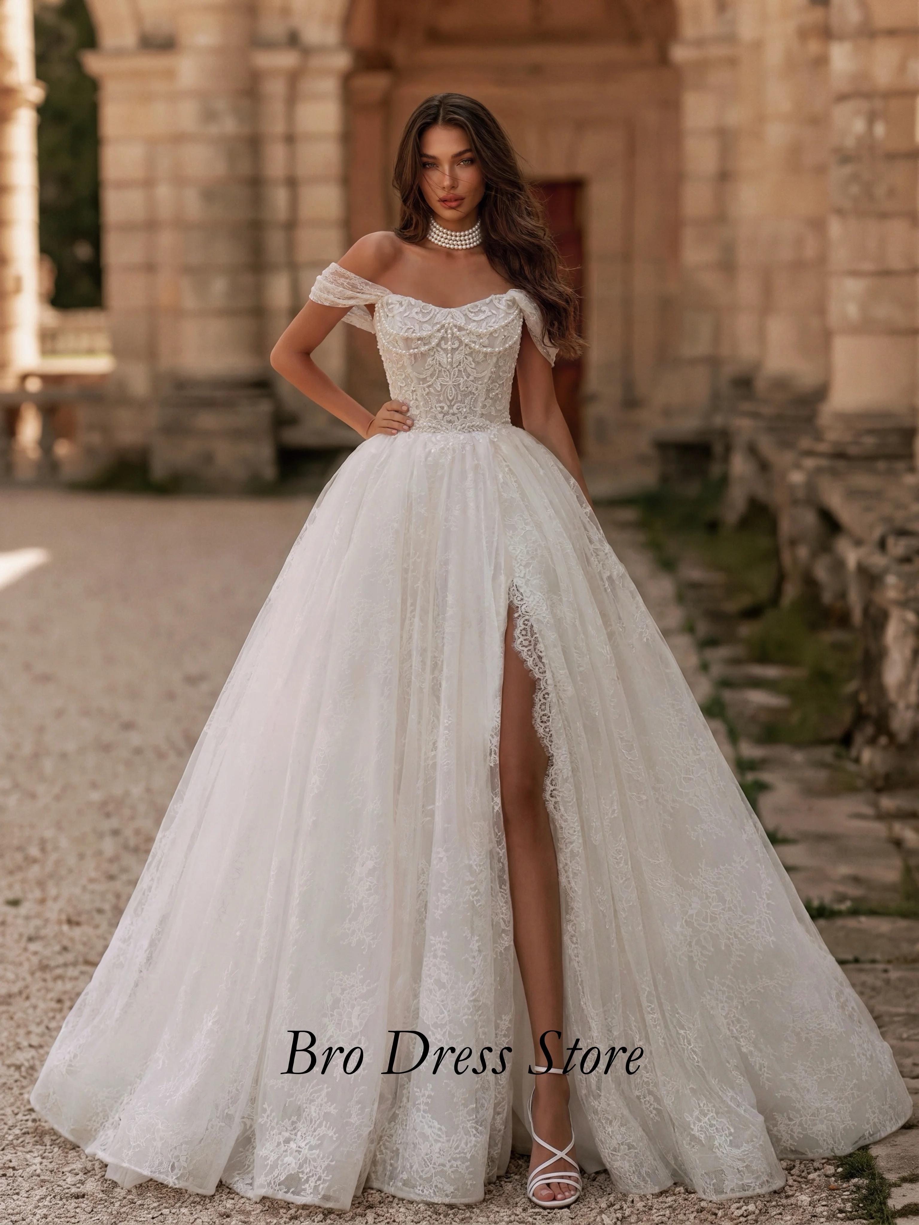 Customzied Princess Bridal Dress with High Slit Off Shoulder Lace Wedding Gown Elegant Corset Bodice Vestido De Novia