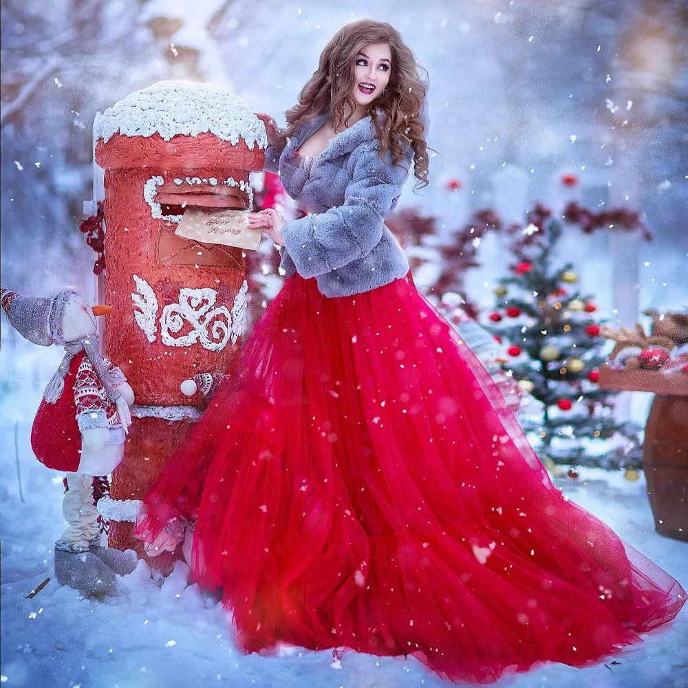 Vermelho natal longo nupcial tule saias vestido de baile feito sob encomenda cintura alta feminina saia de noiva festa tule saia