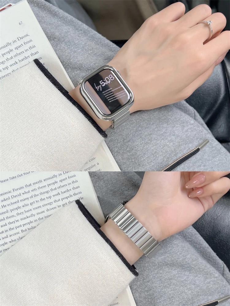 Elegant Stainless Steel Silver Case + Strap For Apple Watch 41mm 49 45 40mm 44 Korea Stylish Women Band For iwatch 9 8 7 SE 6 5