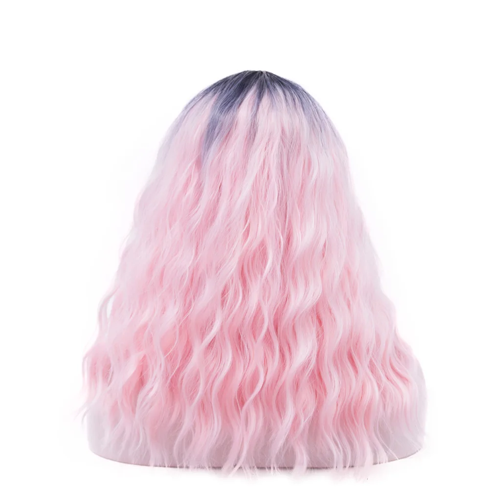 Wig hitam T Pink cahaya sintetis bergelombang longgar dengan poni Wig Cosplay panjang Ombre 20 inci untuk penggunaan pesta harian wanita Cosplay