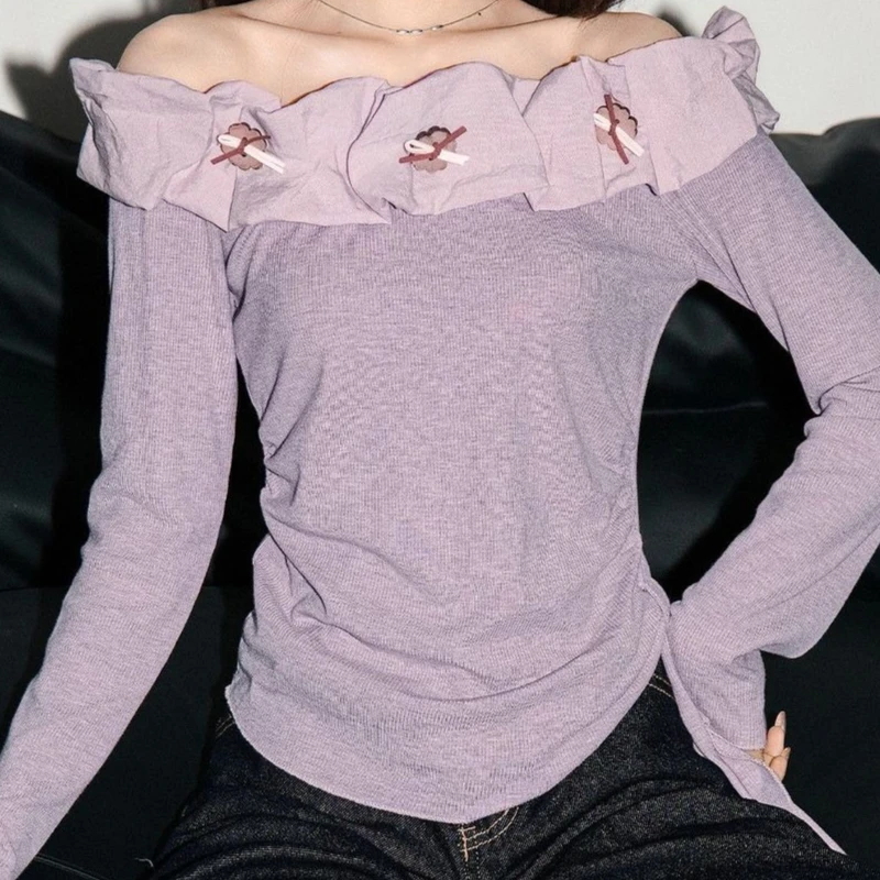 

One Shoulder Slim Fit T-shirt for Women, Autumn Pure Desire, Long Sleeved Base Shirt, Top