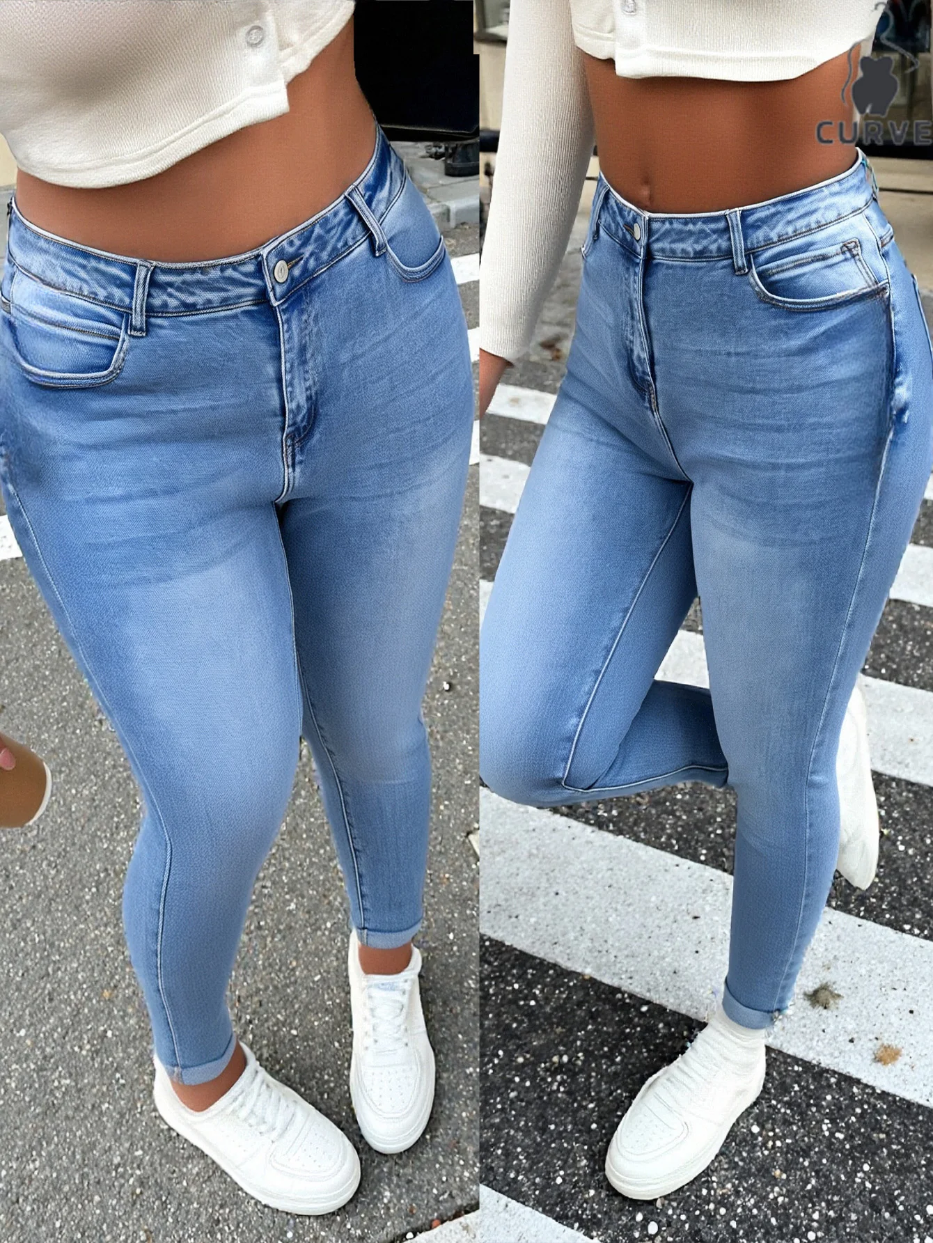 

Plus-Size Women's Classic Washed Blue Stretch Skinny Jeans – Machine Washable, Perfect for Daily Casual Wear