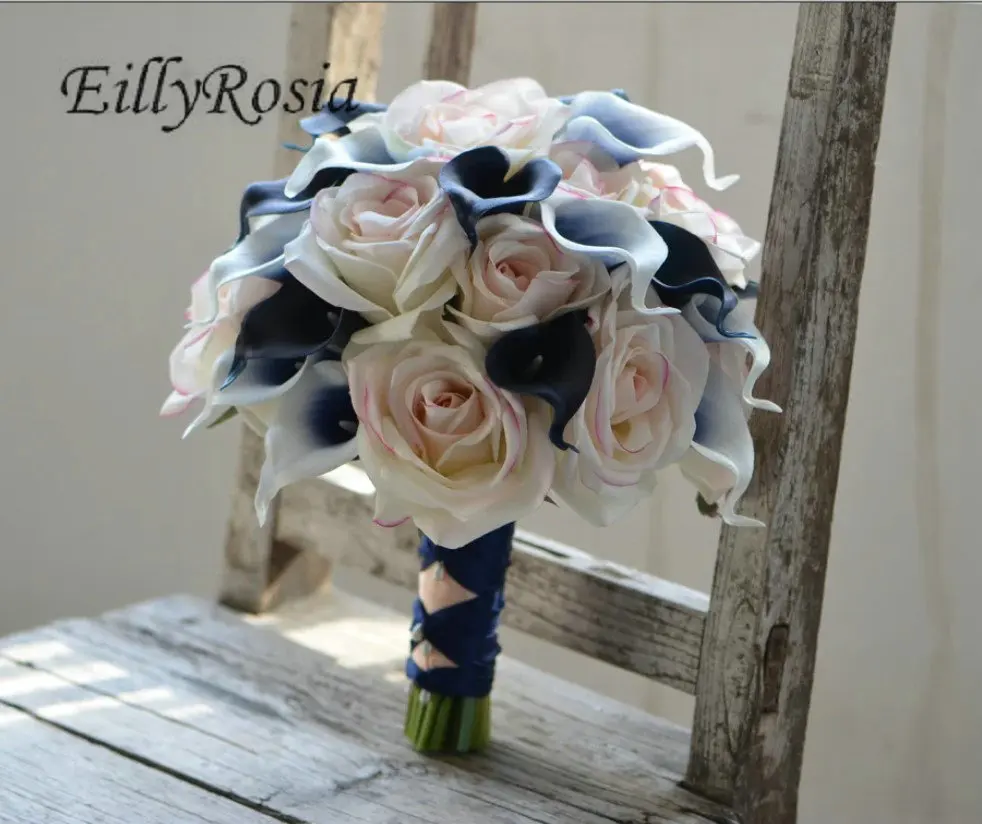 EillyRosia Navy Blue and Pink Cascading Bridal Bouquet Picasso Calla Lily Romantic Artificial Bride Holding Flowers Boho