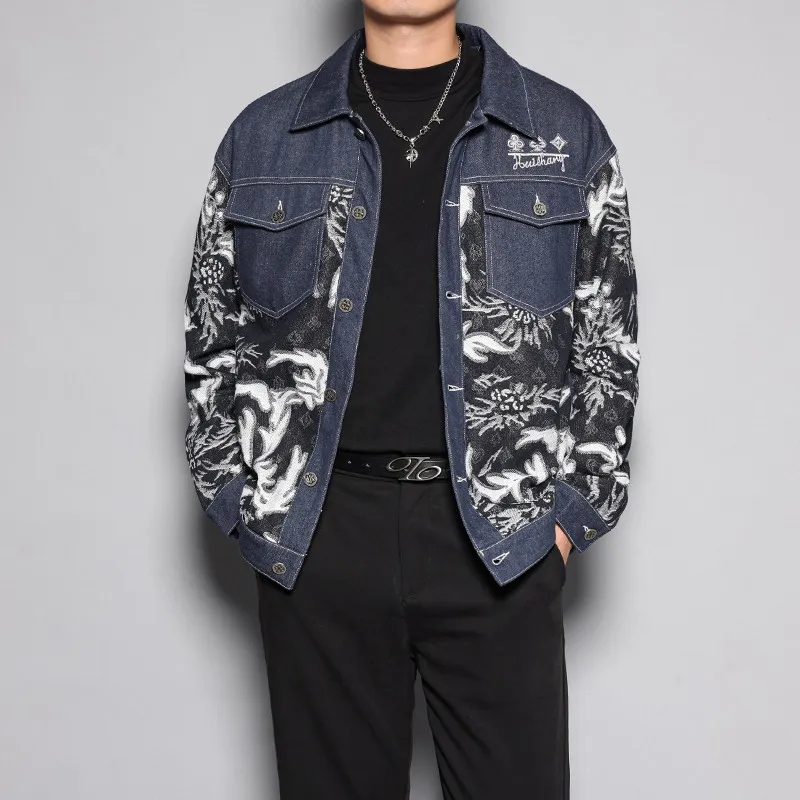 Denim Jacket Men's Spring, Autumn and Winter Stitching Embroidered Niche Lapel Contrast Color Couple Loose Denim Jacket Coat