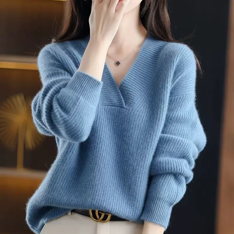 Autumn Winter New Solid Color Sweater Woman V-Neck Pullover Casual Knitted Tops Female Clothing Bottoming Basic Sweater Jumpers