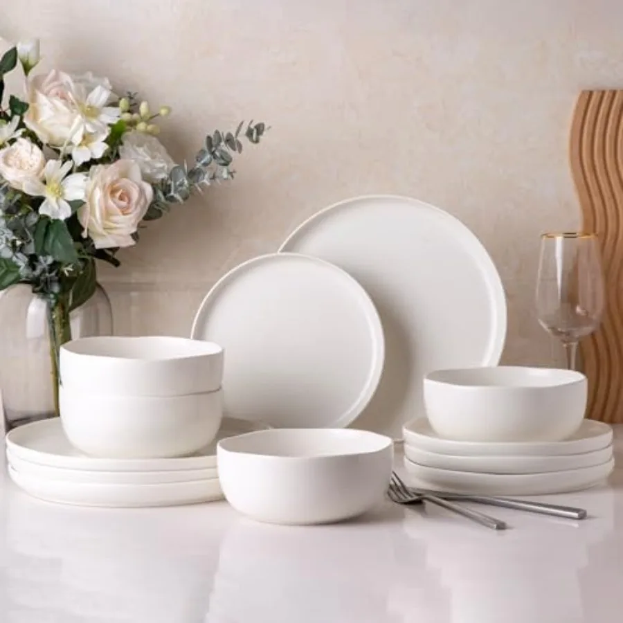 

Ceramic Dinnerware Sets Wavy Rim Stoneware Plates and Bowls Sets Dishwasher and Microwave and Oven Safe Dishes set pc