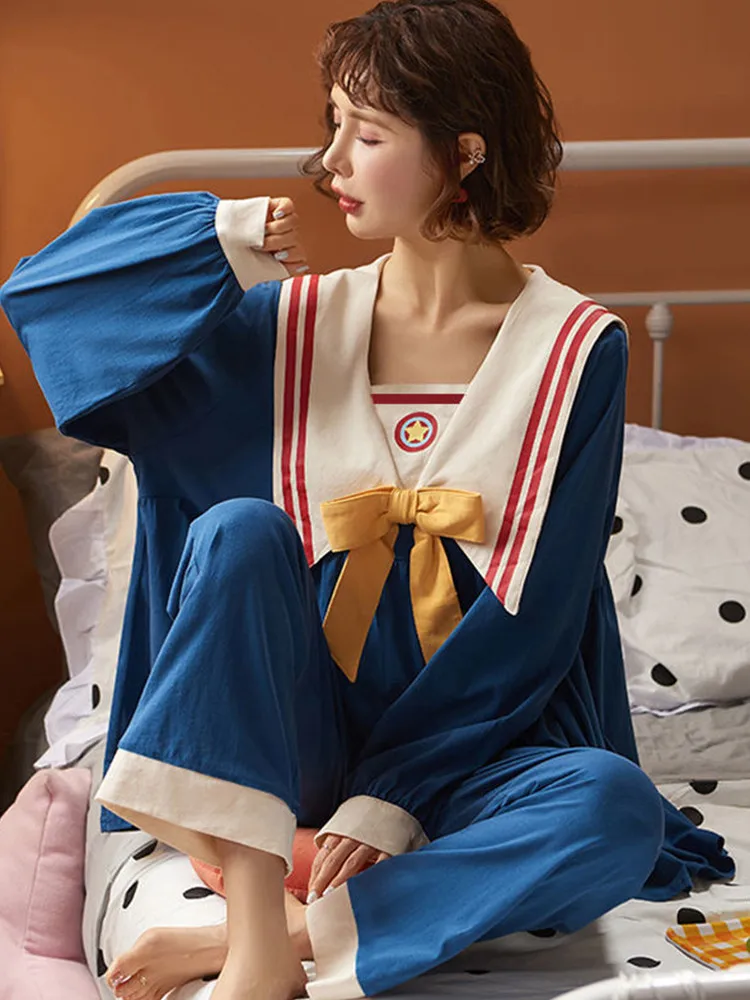 Women Pajamas Sakura Sailor Collar Long Sleeve Tops Pants Anime Pijama Set Ladies Nightwear Girls Home Suit Kawaii Pyjama