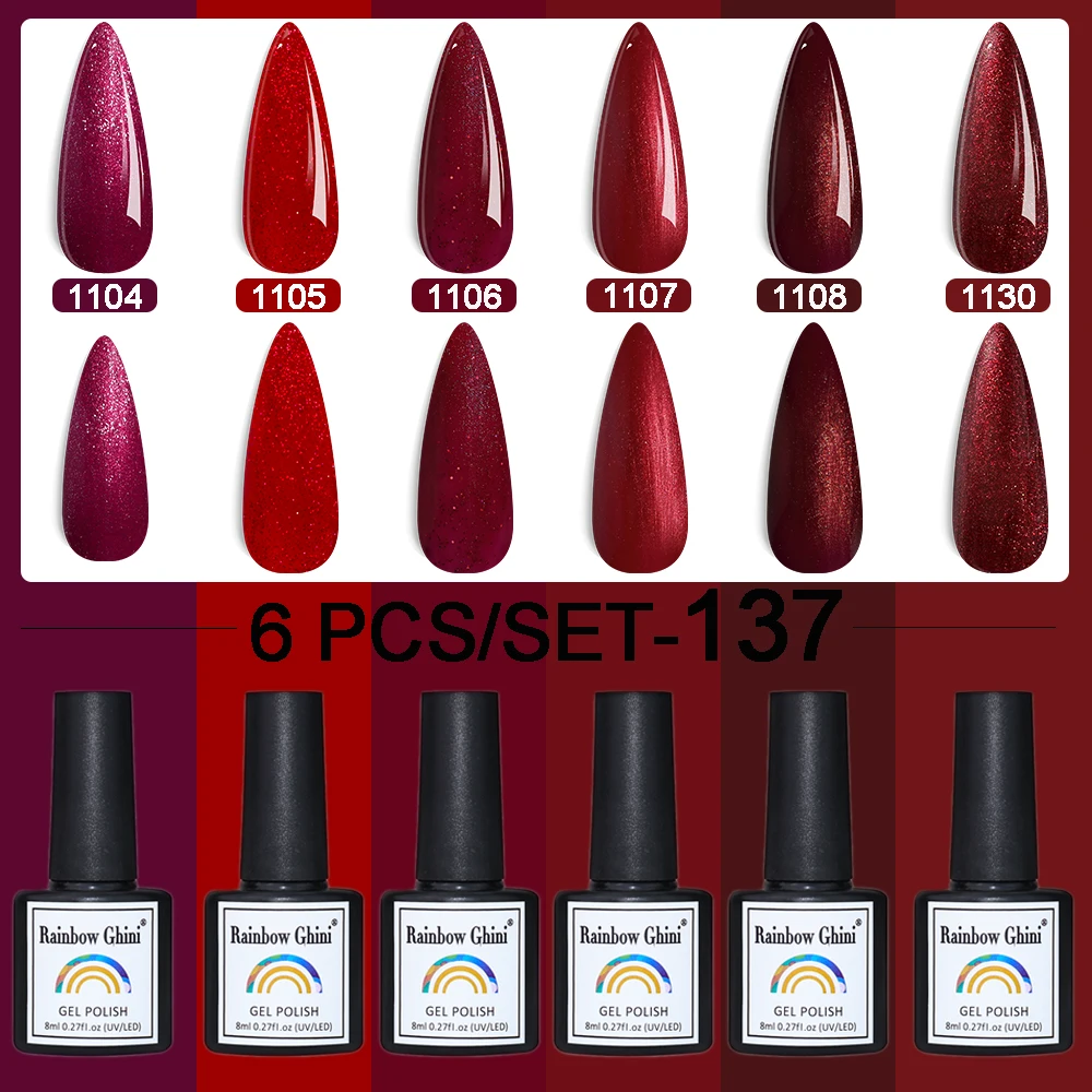 Rainbow Ghini 8ml 6Pcs/Set HEMA TPO Free Nail Polish Color Gel Nail Polish Set Bright Red-Purple Scheme Solid Color Nail Gel