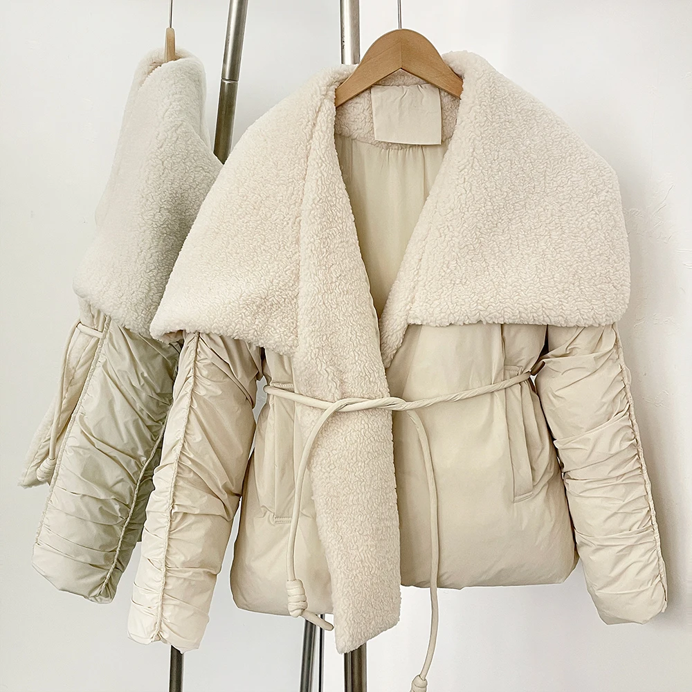 Abrigos de plumón de pato de manga larga para mujer, chaqueta informal con fajas de retazos de colores, chaquetas acolchadas de moda con solapa para mujer, novedad