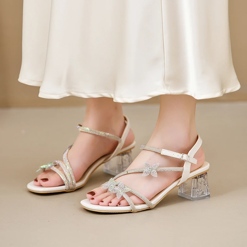 Damen-Sandalen mit Blockabsatz, Neue Frühlings-Chunky-Retro-Sandalen, Bequeme Modische Strass-Pumps mit Kristallen
