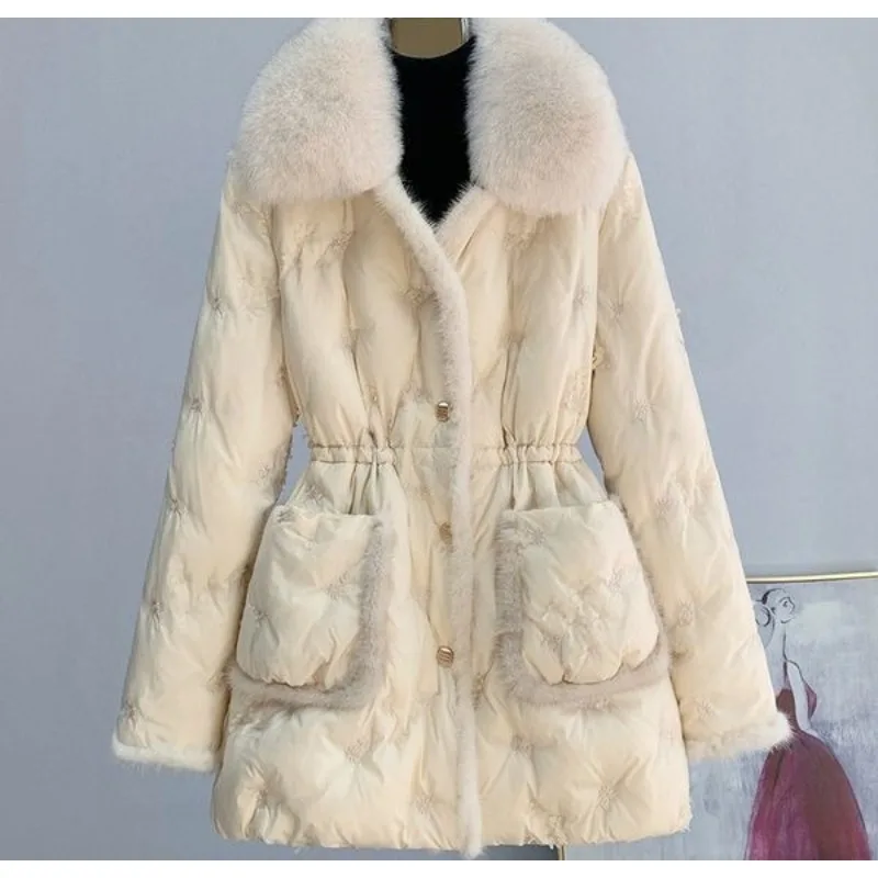 Faux Nerz Weiße Entendaunen Slim-Fit Mantel für Frauen High Fashion Jacke Winter Neue Abnehmbare Faux Fuchs Pelz Kragen Pelz Daunenjacke