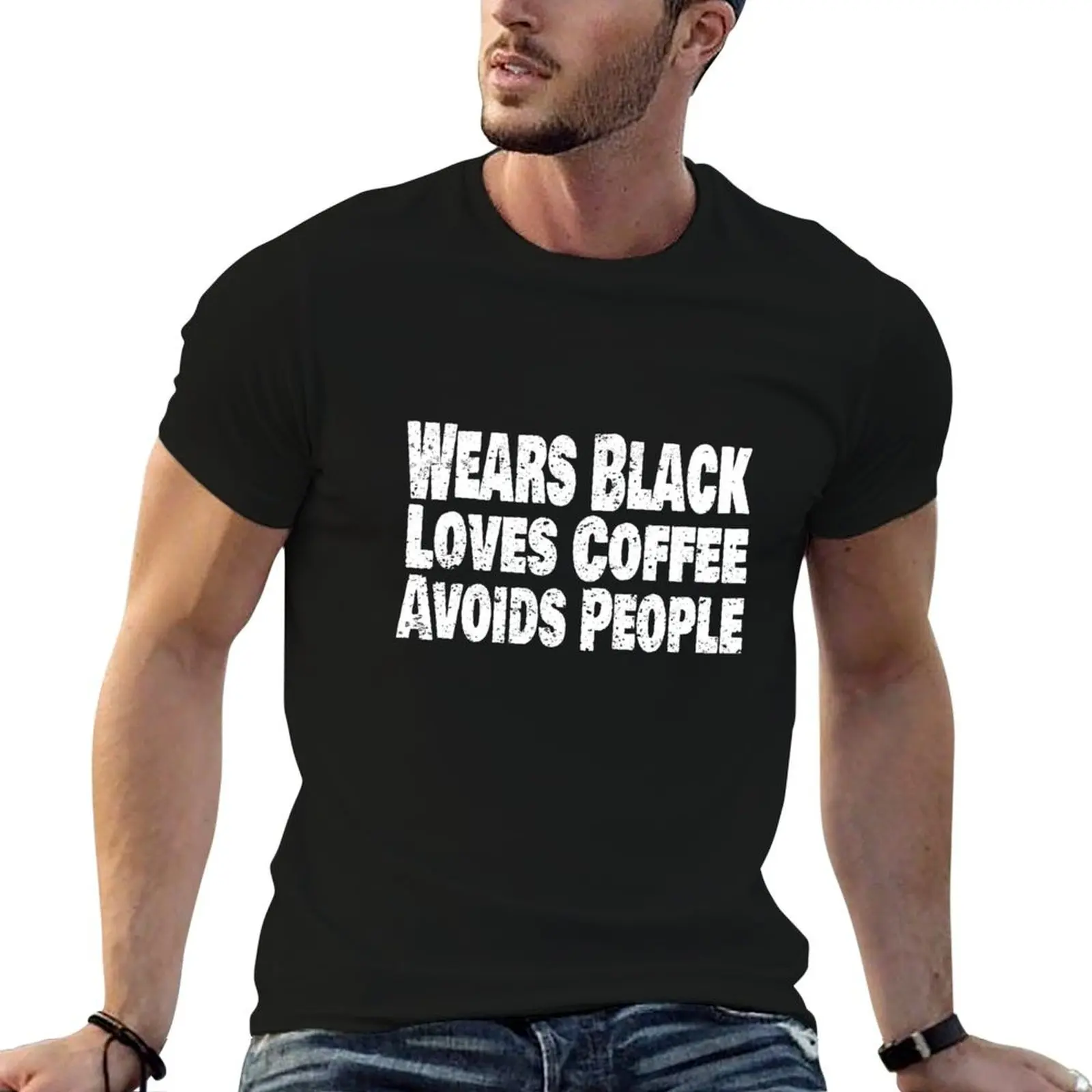 Wears Black Loves Coffee Avoids People T-Shirt shirts graphic shirts graphic tee plus size men clothing