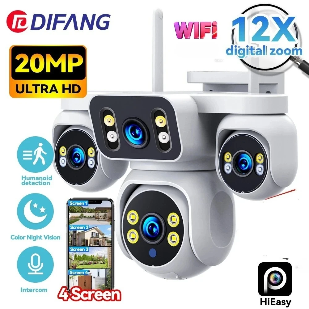 

New 10K 20MP WiFi Security Camera 4 Lens 4 Screen 360° CCTV 12X Zoom Home Surveillance CCTV Outdoor Street Video Cam