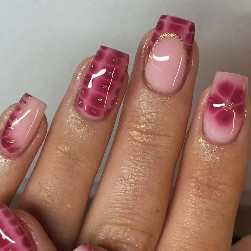 

24pcs French Tip Press On Nails, flowers and Gold powder design， Fit Perfectly design acrylic fake nails set, contain 1pcs Jelly-YY