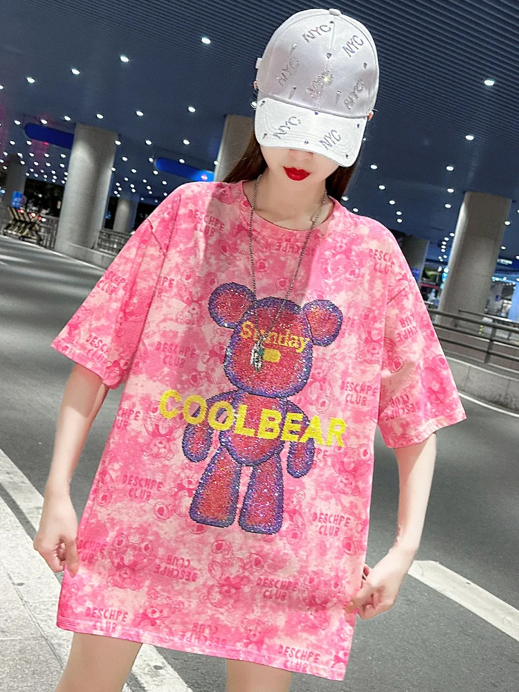 Beautiful Street Bear Hot Diamond Pink Short sleeved Large Edition T-shirt Women's Loose Summer 2024 New Mid length Top