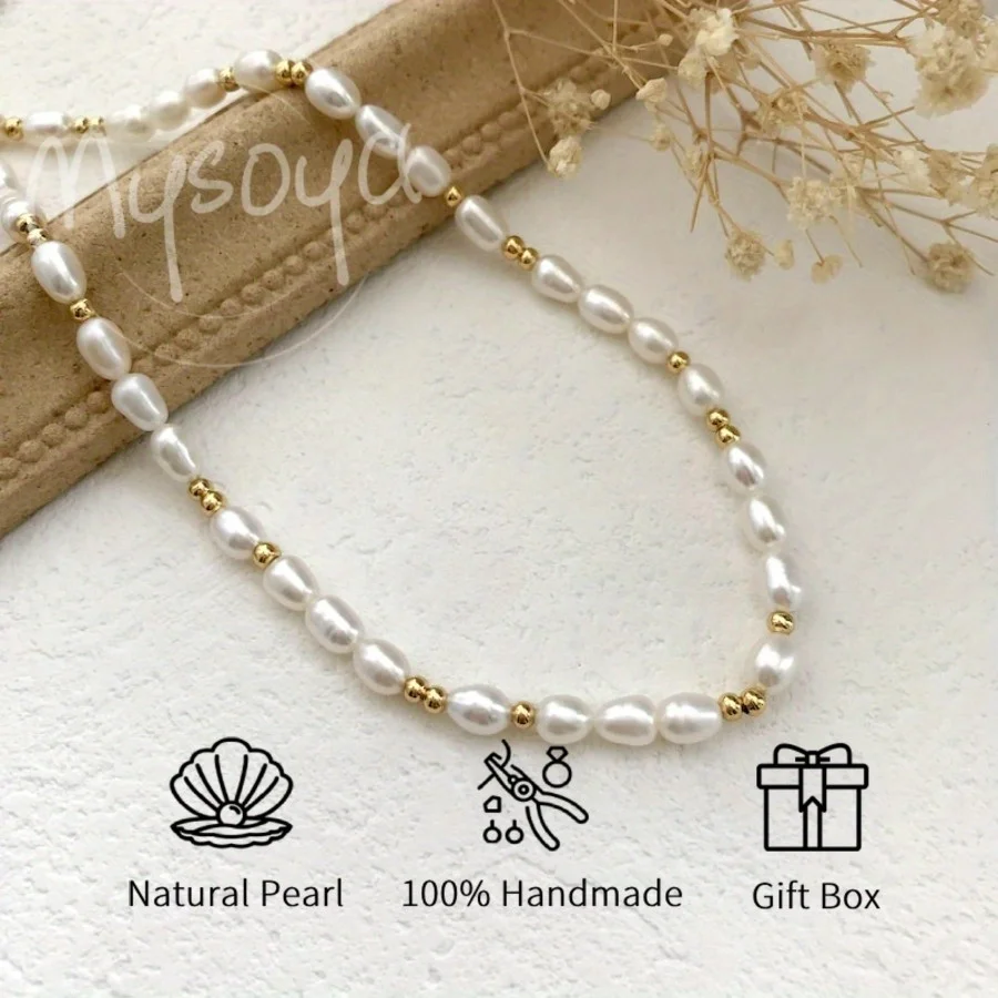 

MYSOYA White Rice-shaped Freshwater Pearl Necklace 5-6mm with Gift Box for Him/ Her for Everyday Wear, Birthdays, Weddings