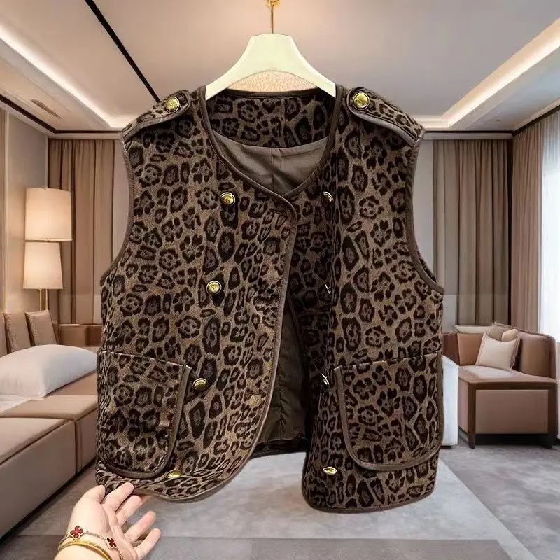 Female Autumn Spring Coat Tops Vest Double-breasted Leopard Retro Simple Loose Design Fashion Senior Soft Minority Versatile New