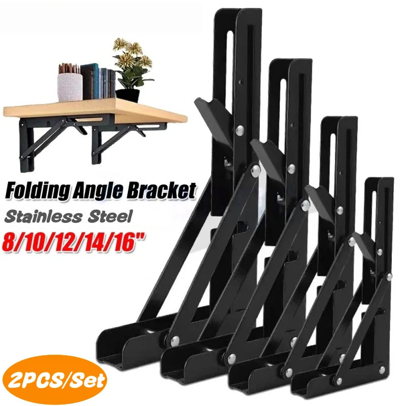8-16 Inch 2pcs Heavy Duty Folding Shelf Brackets Stainless Steel Triangle Straight Billy Bracket Wall Mounted for Shelves&Tables