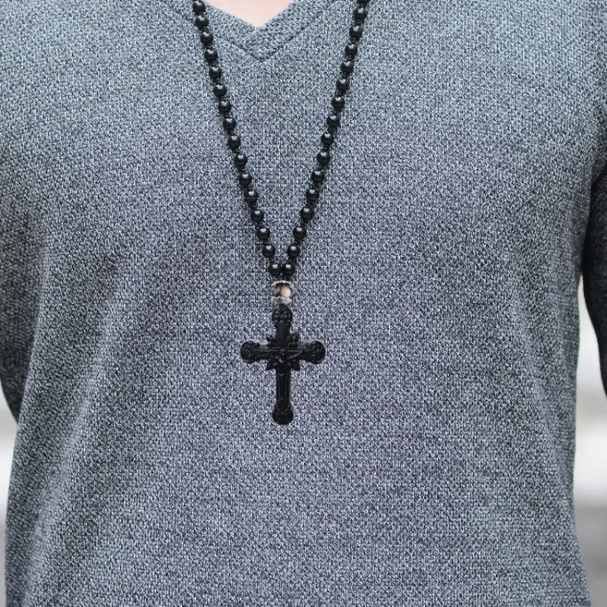 انخفاض الشحن الطبيعية الأسود حجر السج منحوتة الصليب محظوظ قلادة الحرة الخرز قلادة للمرأة رجل اليد منحوتة المعلقات مجوهرات