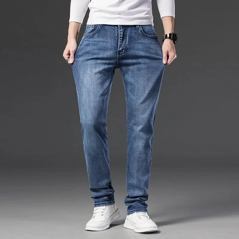 2025 Men New 28-40 Men's Spring Autumn Classics Pants Straight Business Blue Black Jeans Elastic Slim Fit Casual Work Pants
