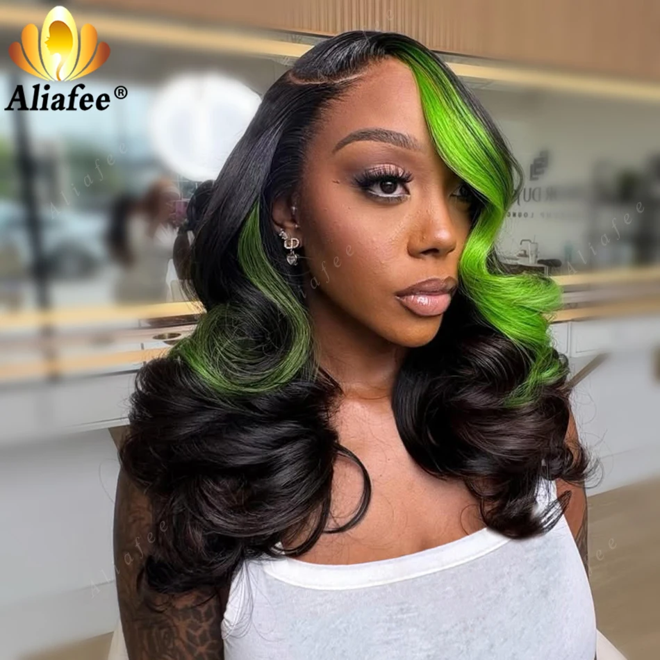 

13x4 Transparent Lace Frontal Real Human Hair Bouncy Bob Curly Wig Natural Black With Bright Neon Green Bob Cut Body Wave Wigs