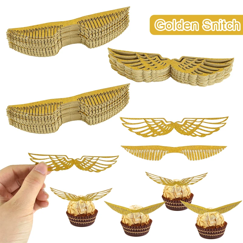 50Pcs Wings Chocolate Cake Party cake Decoration Wizard Topper Gold Wing Cupcake Toppers Snitch Wedding birthday Decor