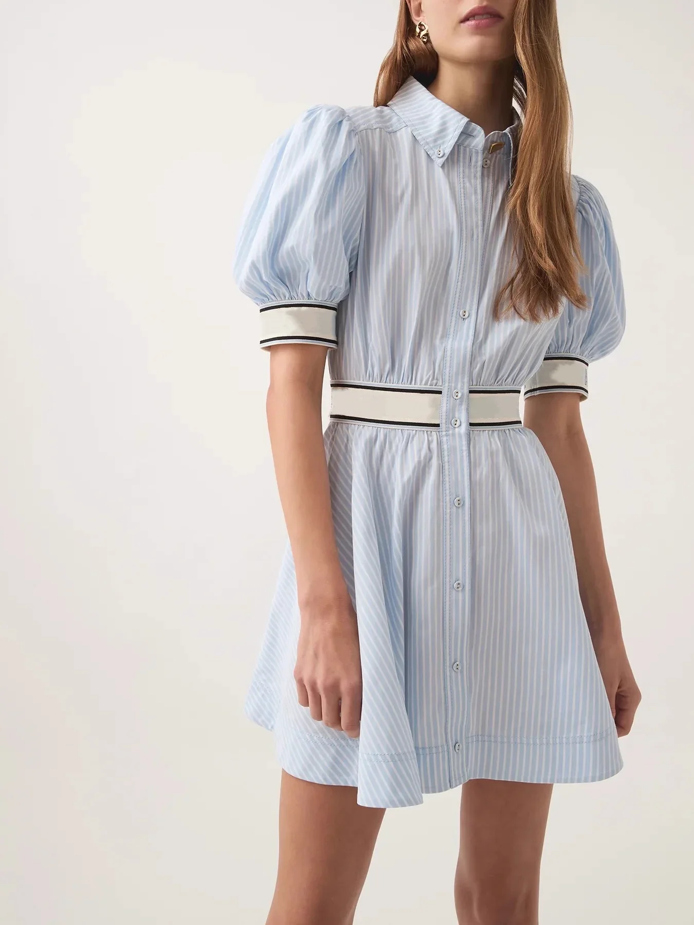 Women Blue Striped Shirt Dress Letter Print High Waist Turn-down Collar Single Breasted Puff Sleeve Casual Female Mini Robe