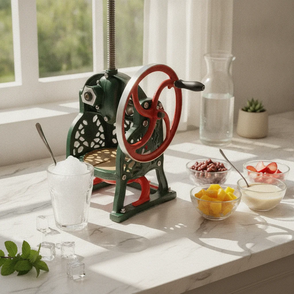 Hand-Cranked Ice Shaver Perforated Panels Floor-Standing Ice Shaver Kitchen Gadget Red and Green Adjustable