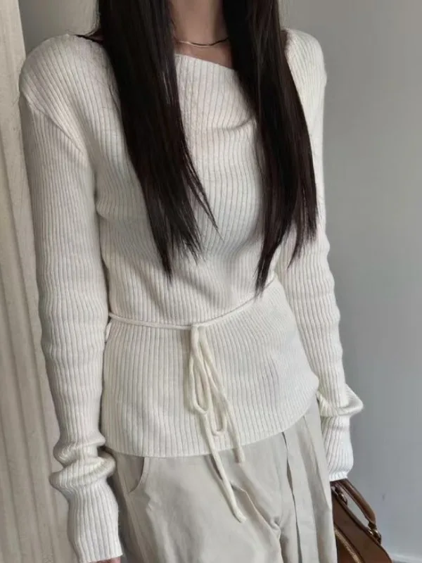 Suéter de Punto de Manga Larga con Cuello en V de Diseño Otoñal para Mujer, Top E y Deado con Hombros Descubiertos, ...