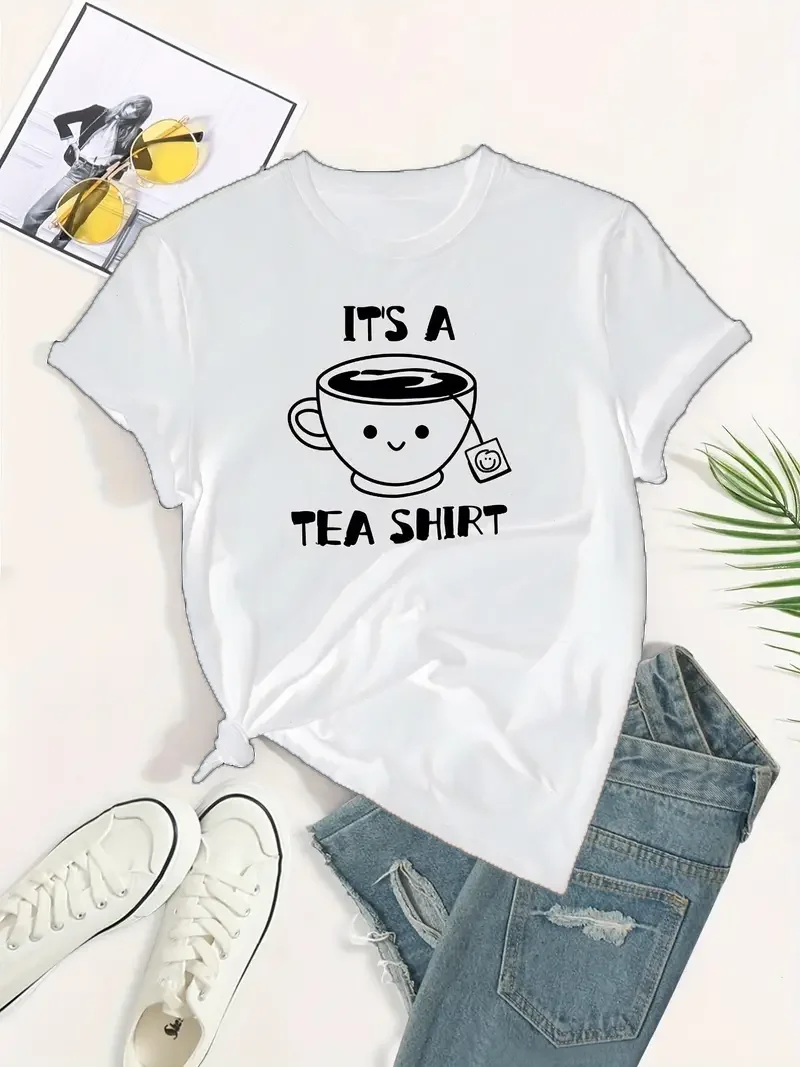 Plus Size Casual Tee Women\'s Plus Cartoon Tea & Letter Print Short Sleeve Round Neck Slight Stretch T-Shirt