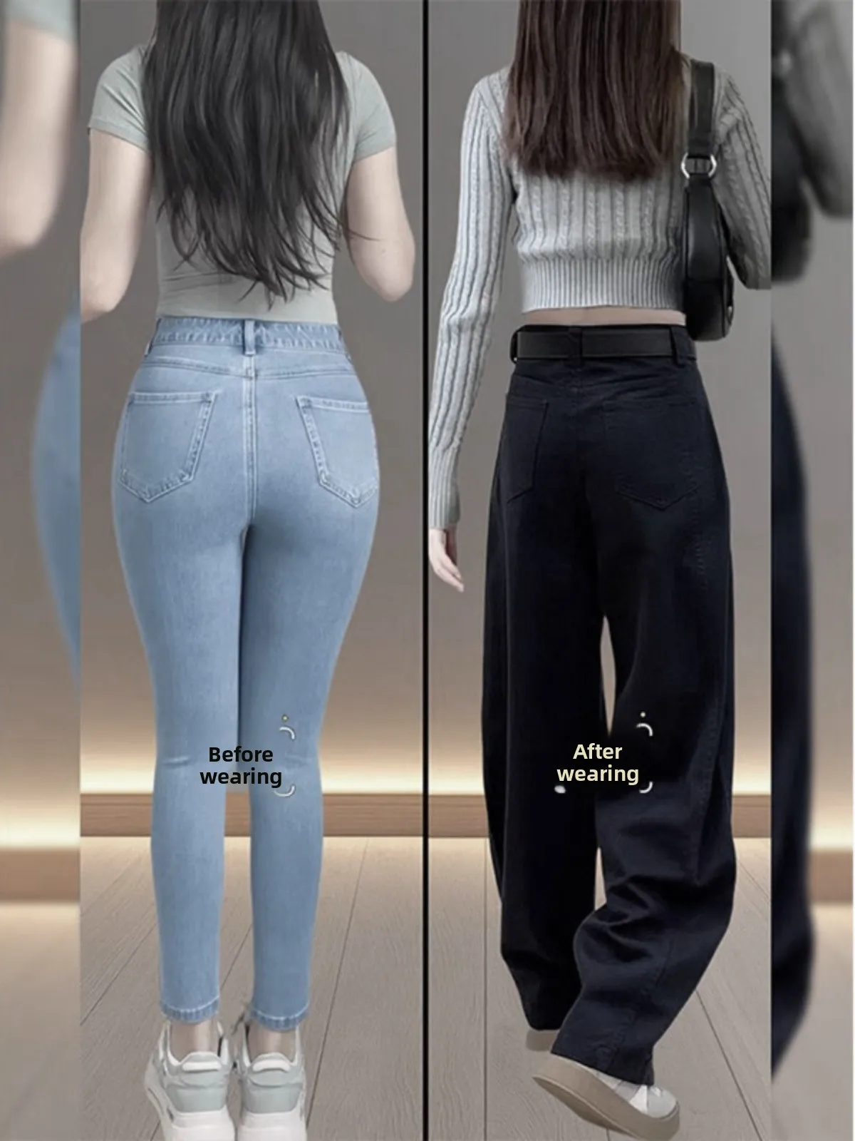 المرأة الخريف الشتاء Fce اصطف فضفاض صالح الجينز البضائع السراويل عالية الخصر السراويل الطويلة الكمثرى القرد الجسم التخسيس واسعة الساق الجينز #3