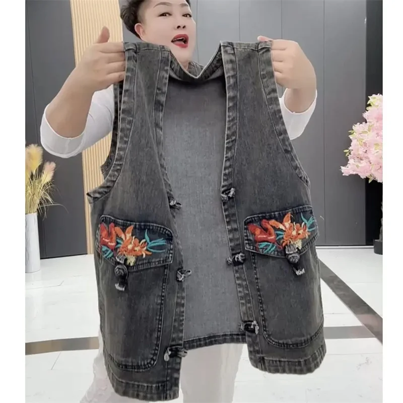 

Women Denim Vest Fashion Embroidered Frog Button Cowboy Vest Waistcoat 2026 Spring Autumn Loose Sleeveless Denim Jacket Coat Top