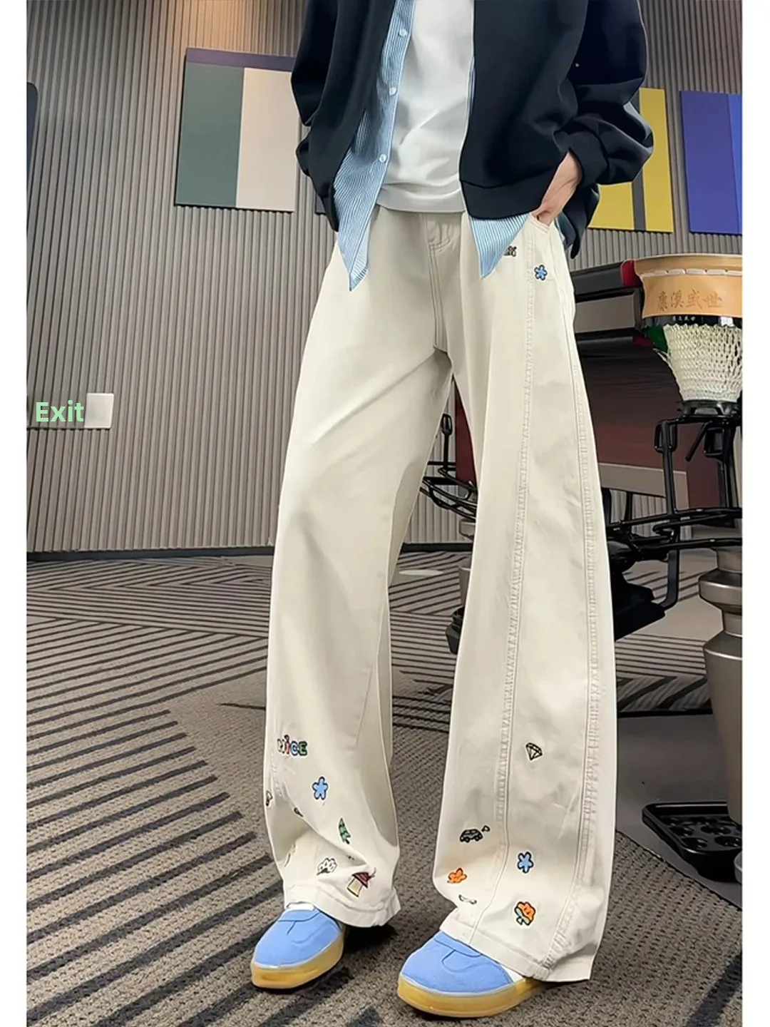 

Cartoon Embroidered Wide Leg Jeans Men's Style Fall Trendy American High Street Vibe Loose Straight Micro Flare Pants