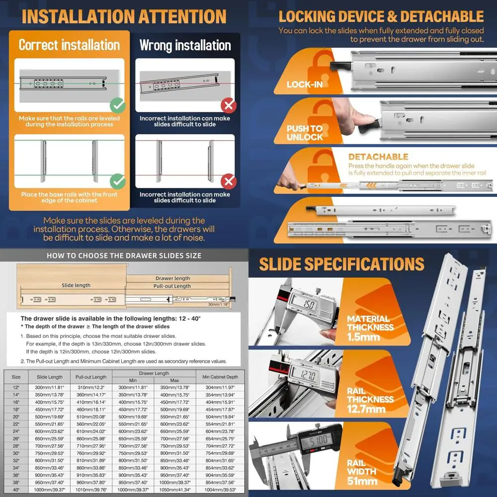 

Усиленные выдвижные направляющие с замком для рельсов 12-40 дюймов, грузоподъемность 150 фунтов, выдвижение 26 дюймов