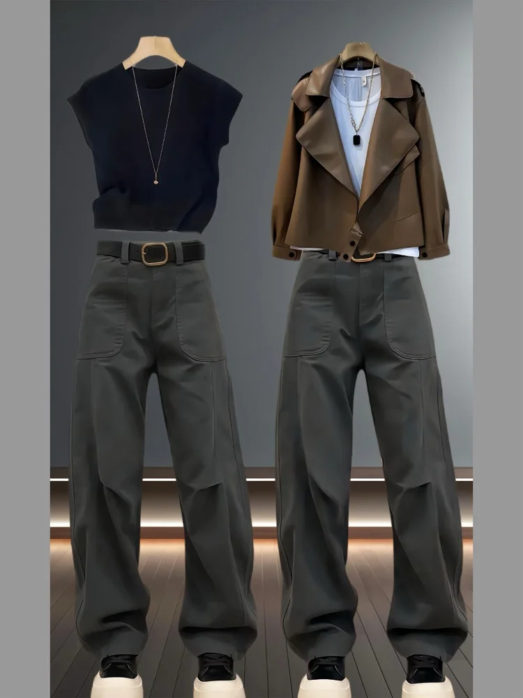 プラスサイズ ハイウエスト ストレートレッグ ワークウェア デニムジーンズ レディース 秋シーズン 梨型体型 アメリカンスタイル ルーズフィット トラウザーズ...