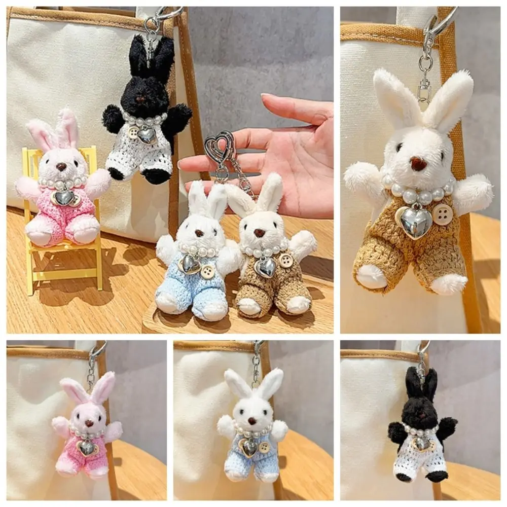 Pearl Necklace Plush Rabbit Keychain Handmade Sweater PP Cotton Bunny Stuffed Toys Pendant Soft Collection Bunny Heart Keyring