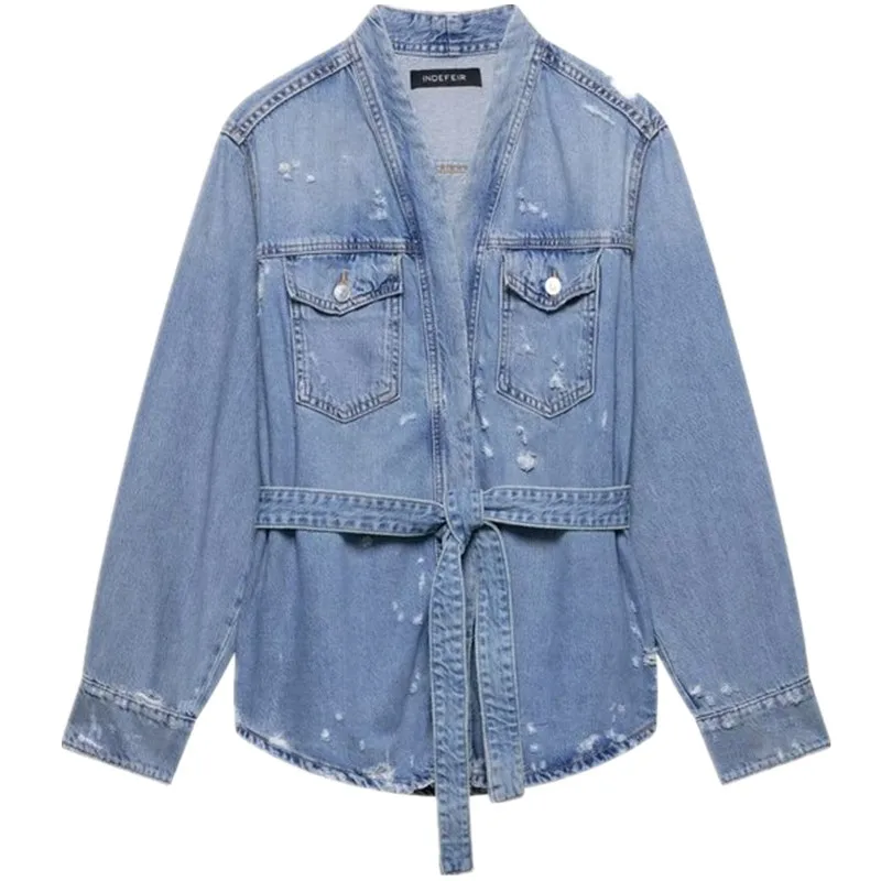 

Summer 2025 Women's Faion Versatile Hole Decoration Denim irt Jaet Loose Fit Regular Length Other Material 00%