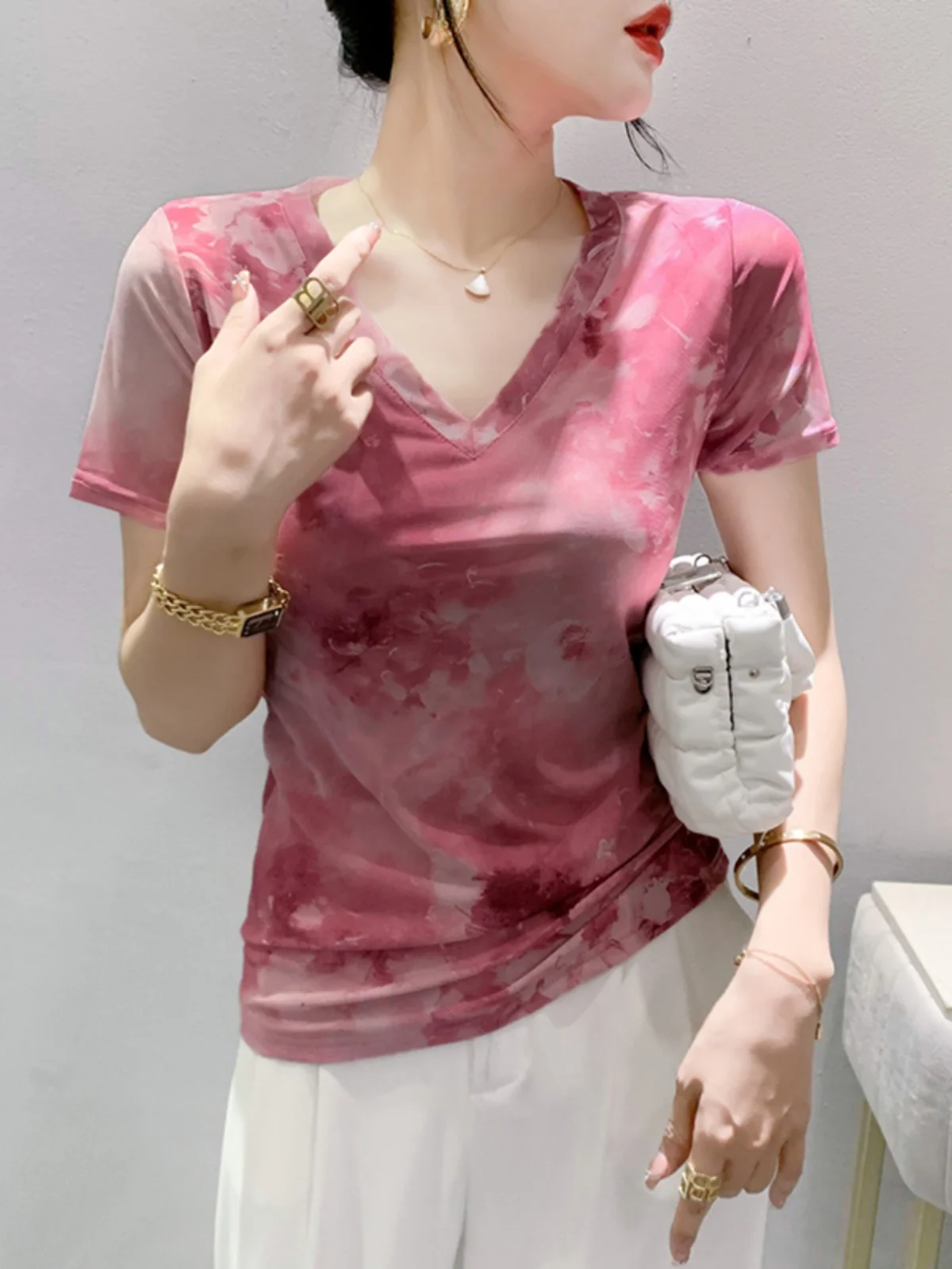 Faionable Anti-Aging V-Ne Me ort Sve T-shirt Dames Zomer Afslanken ves Bovenkleding Europese Veelzijdige Kleine S...