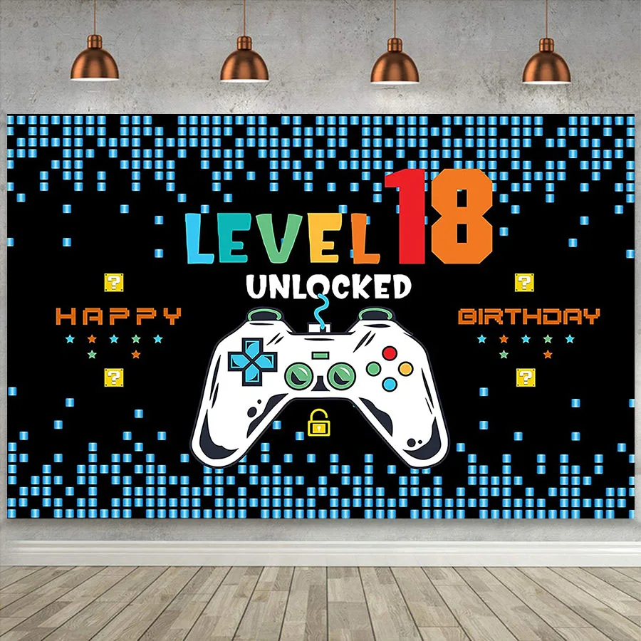 Happy 18th Birthday Blue Party Decor Poster for Boys Men Game Level 18 Anniversary 18 Years Old Photo Backdrop Background Banner