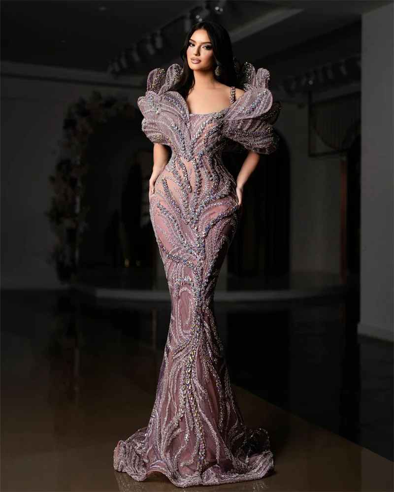 Customized Mermaid Purple Evening Dresses Arabic Dubai Long Prom Dress Crystals 3D Leaf Design Women Party Gowns Celebrity Dress