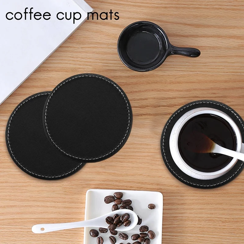 Set of 6 Leather Drink Coasters Round Cup Mat Pad for Home and Kitchen Use Black