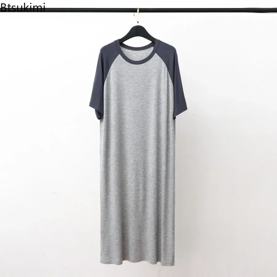 New 2024 Men\'s Modal O-neck Sleepwear Nightgown Patchwork Robes Mid-long Knee Length Loose Home Clothes Loungewear for Men Dress