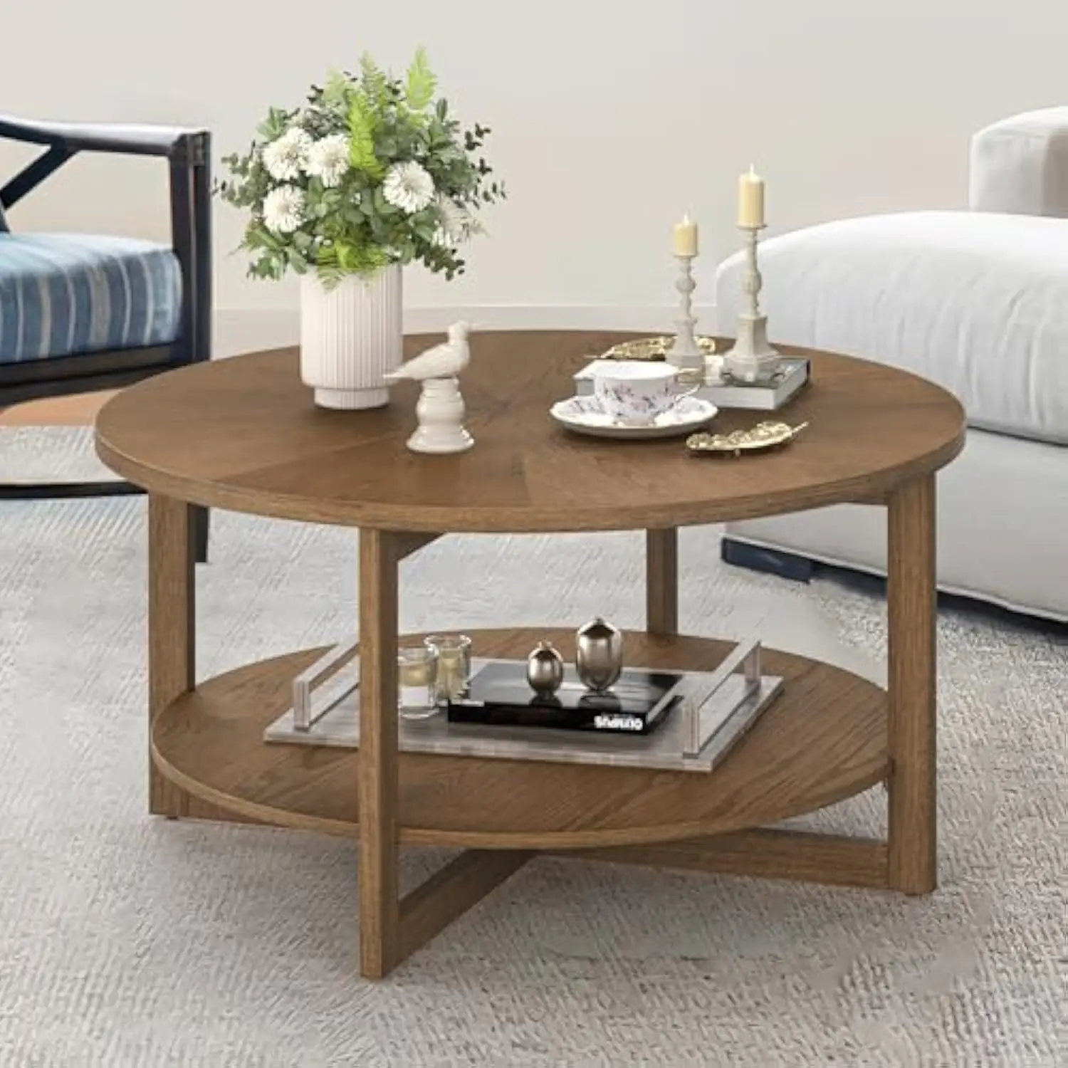 

Round Coffee Table, 35 Rustic Modern Circle Coffee Tables with 2-Tier Storage Shelf, Wood Coffee Table for Living Room, Dark Wo