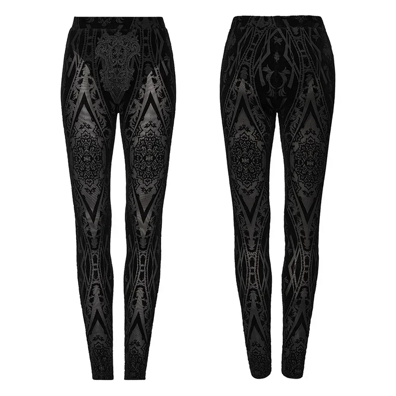 PUNK RAVE Damen Gothic Dark Pattern Luxuriös gemusterte Flocked Mesh Leggings Personalisierte schwarze Hosen Kleidung