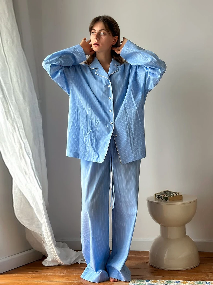 

Marthaqiqi полосатый женский комплект пижамы с длинными рукавами, пижамы с отложным воротником, брюки, повседневная женская ночная рубашка, зимний костюм