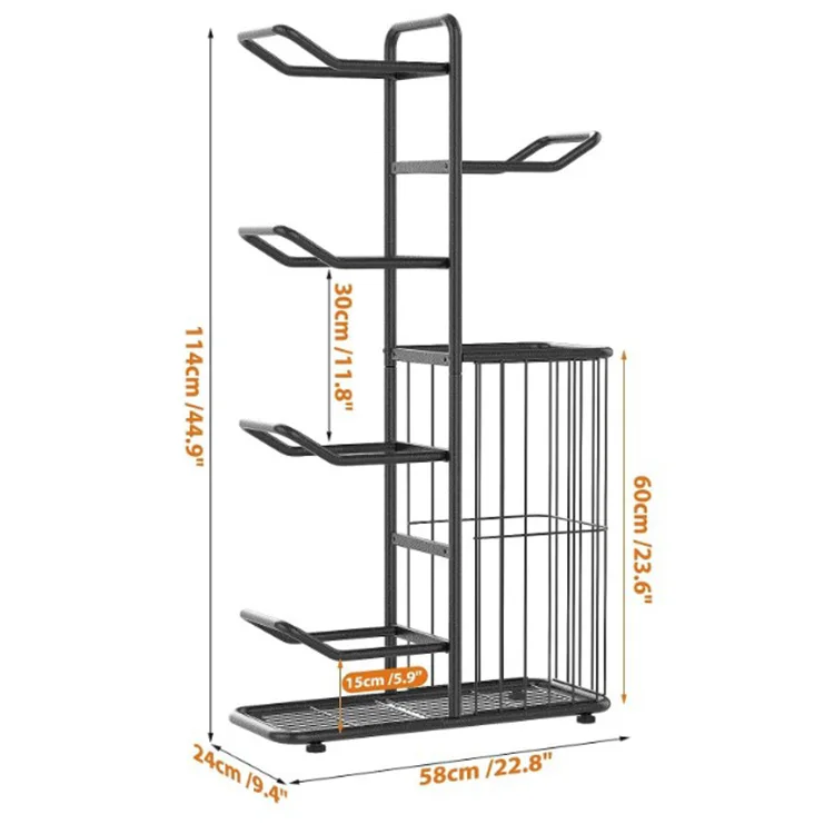 Piccolo espositore per basket con scaffale per attrezzature sportive a 5 palline con cestino portaoggetti